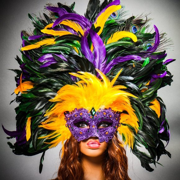 Luxury Women Carnival Masquerade Ball Mardi Gras Large Top Feather Venetian Mask - Picture 5 of 5